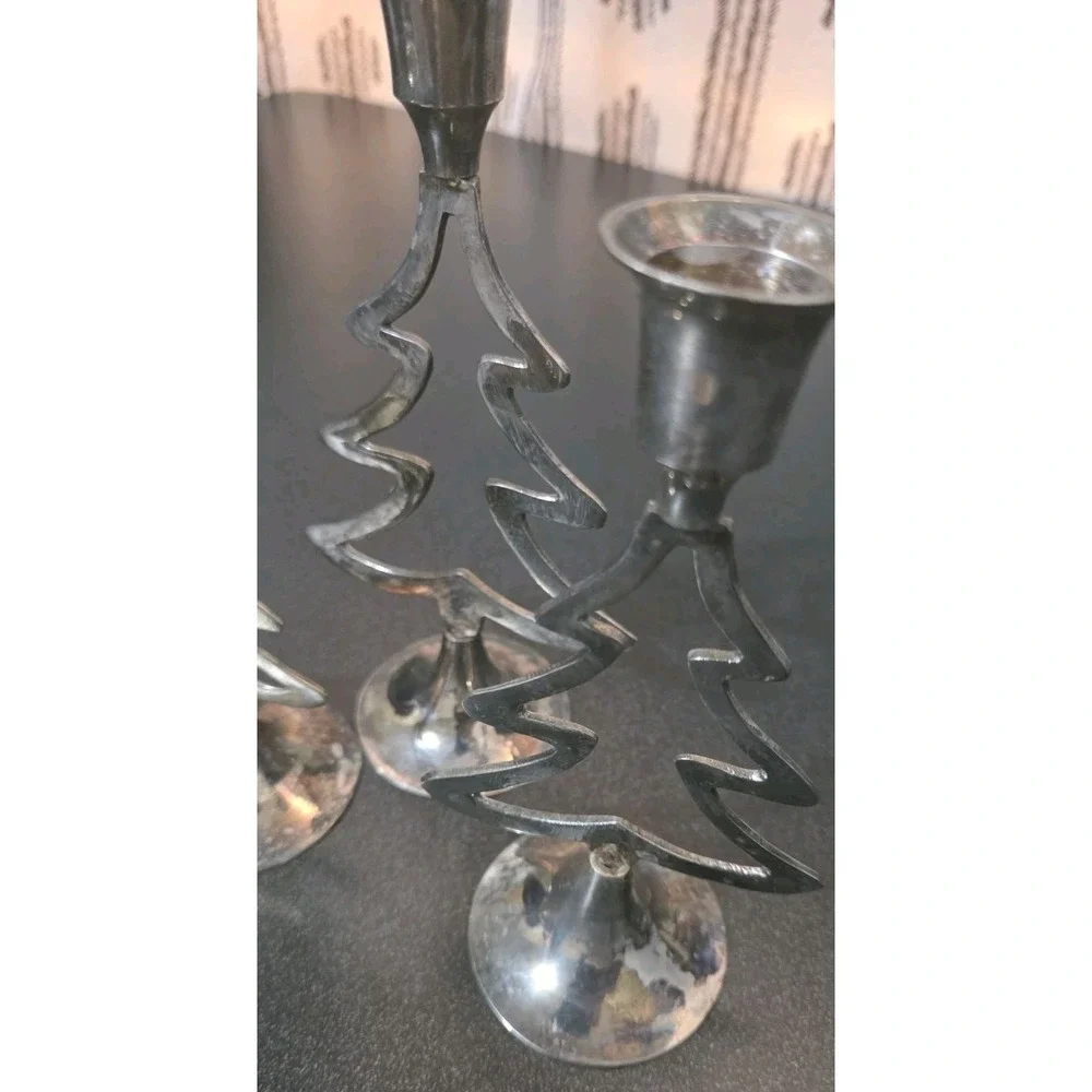 International Silver Co Silverplate Christmas Tree Candlestick Holders 3pc‎ EUC